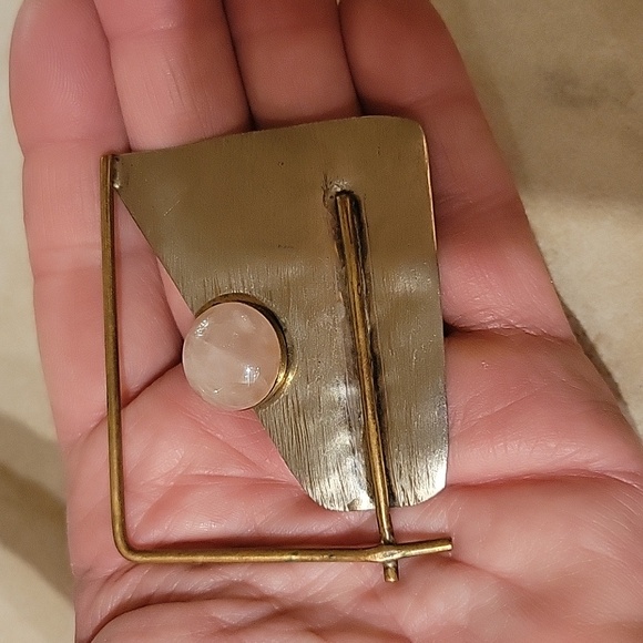 Vintage Modernist Metal & Rose Quartz Signed Brooch Pin - Picture 4 of 4